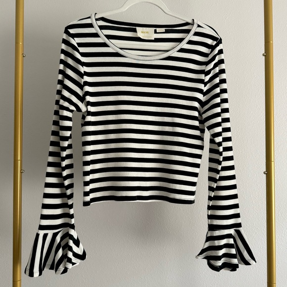 Anthropologie Maeve Flouncy White Black Striped Cotton Top Bell Sleeves Sz M - Picture 4 of 9